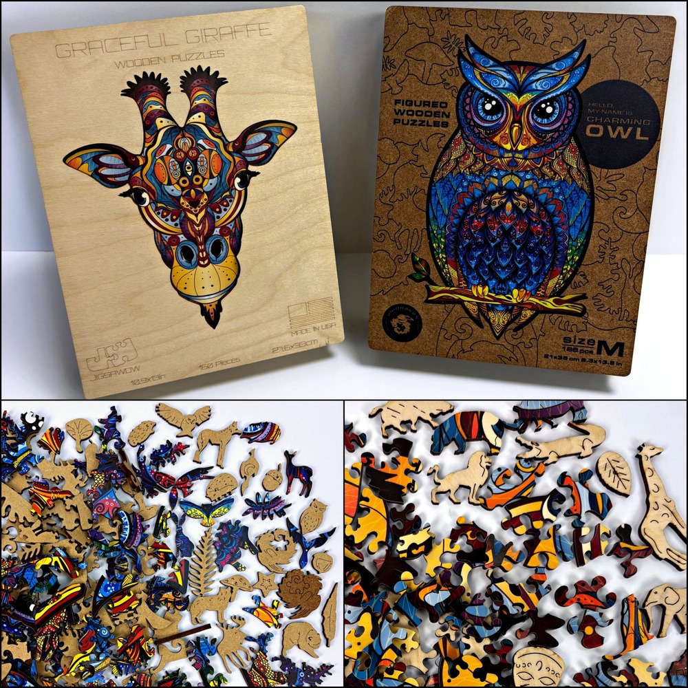 Wooden‎ Animal Puzzle Lot Unidragon Owl Giraffe Jigsawow 100% Complete Colorful